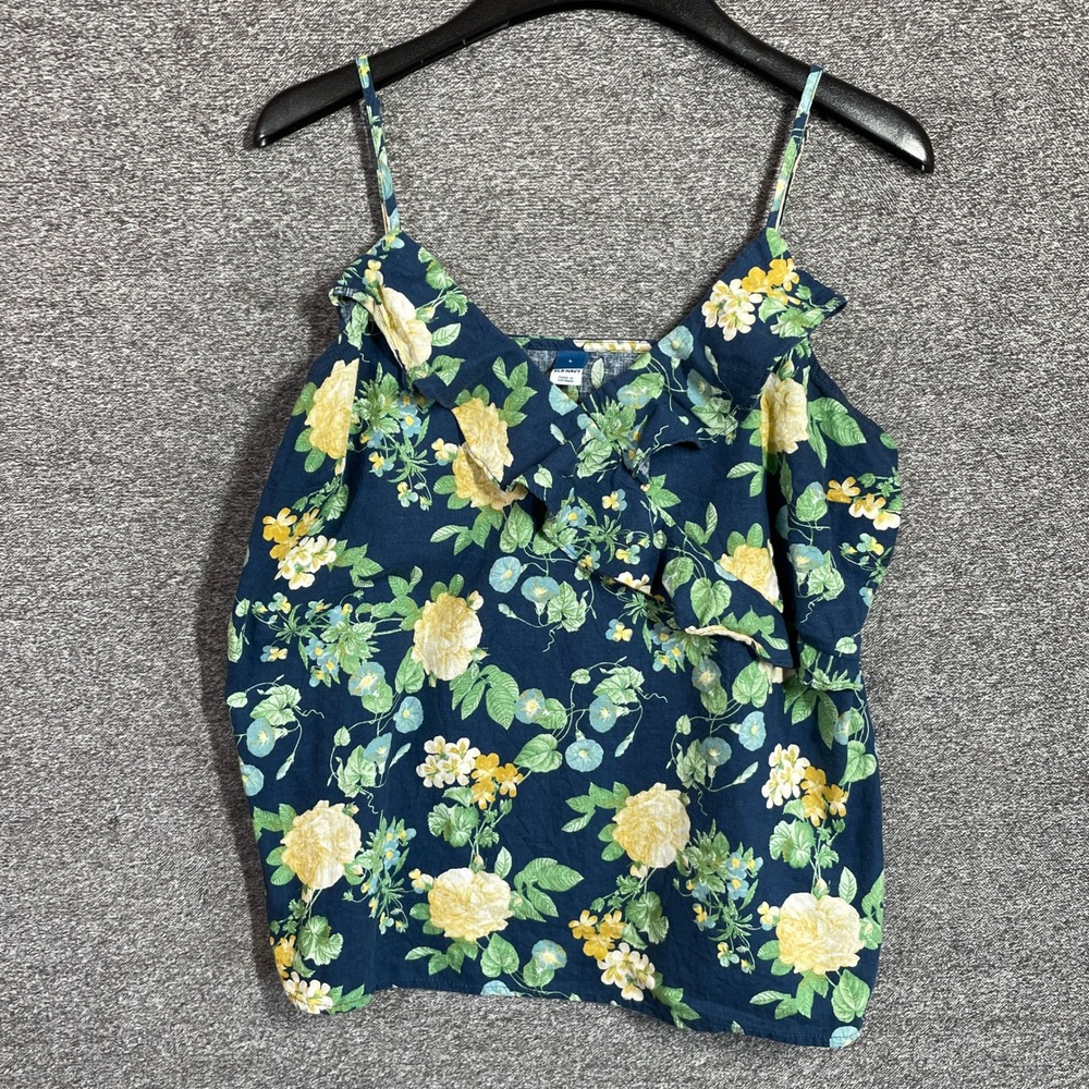Old Navy Top Womens Navy Blue Floral Ruffle Linen Blend Cami Large